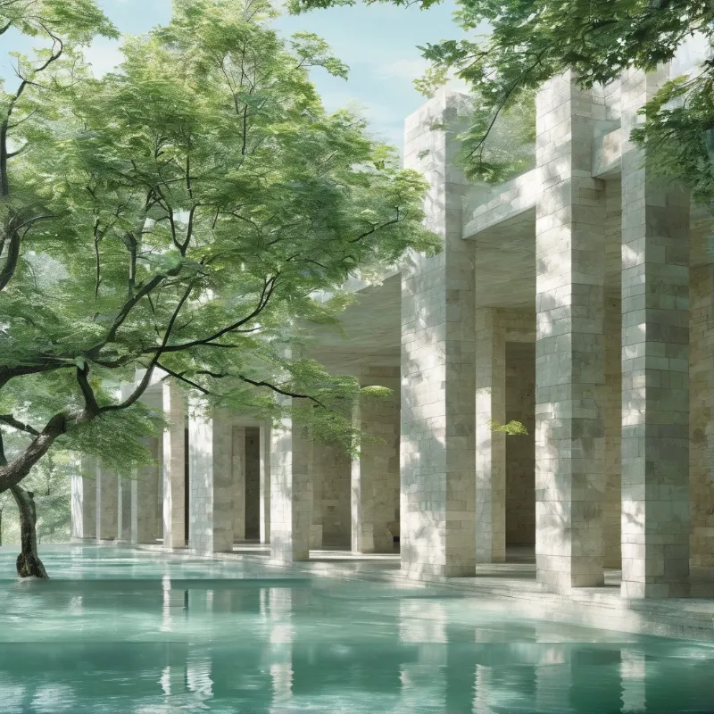 Tall pale columns line a pool surrounded by lush green foliage and dappled sunlight.