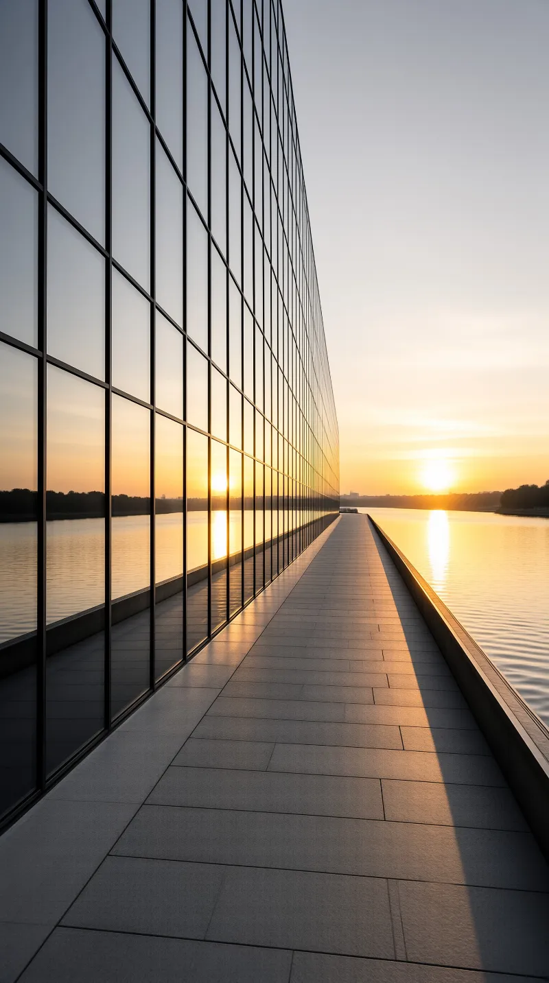 A long promenade runs beside a dark tower whose windows double the golden sun sinking over the lake.