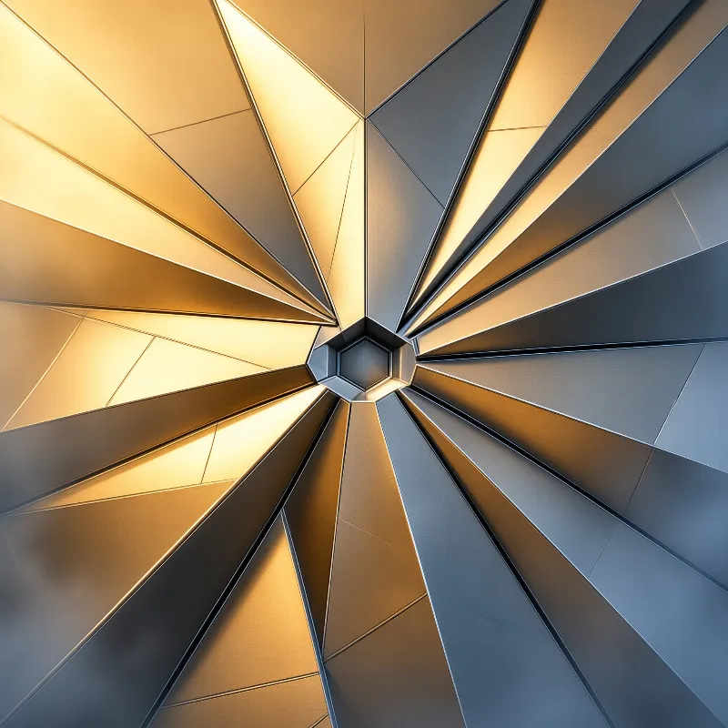 A low angle view of a geometric metal ceiling where triangular panels radiate from a central hexagon in gold and grey tones