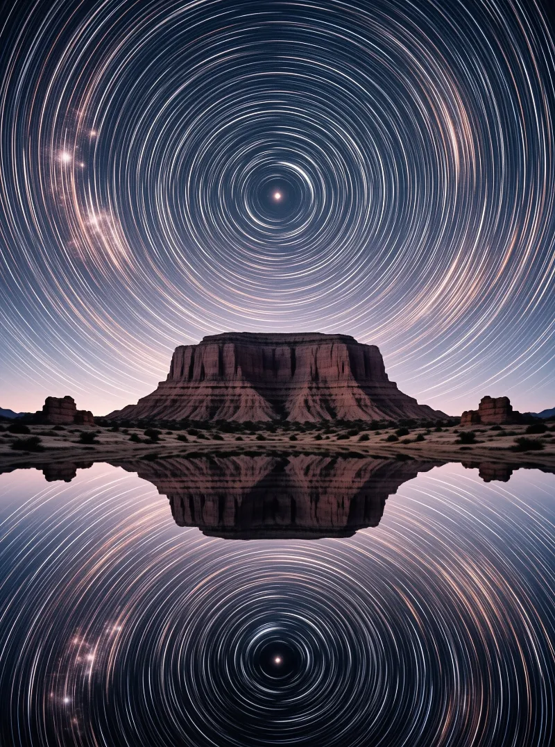 Concentric star trails circle the night sky above a large desert mesa that is reflected in the foreground water.