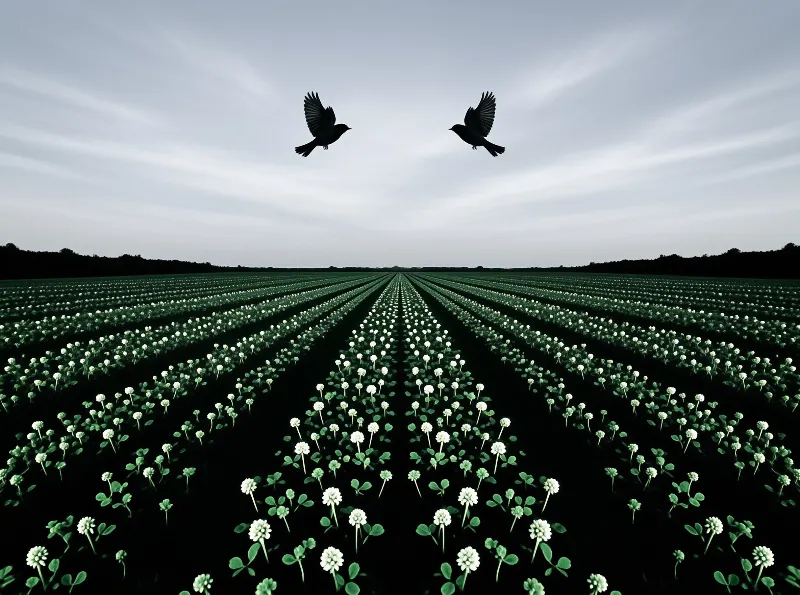 Two silhouetted birds fly above a vast field of white flowers arranged in long dark rows under a cloudy sky.