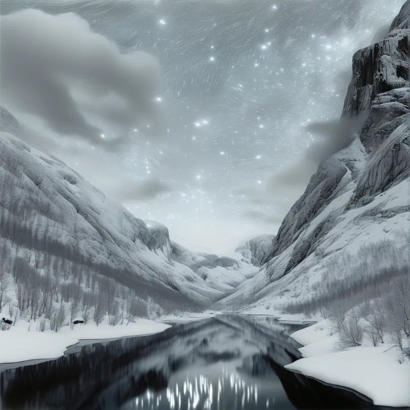 A frozen snow covered mountain valley has a calm river mirroring the bright starry night sky and surrounding snowy peaks.