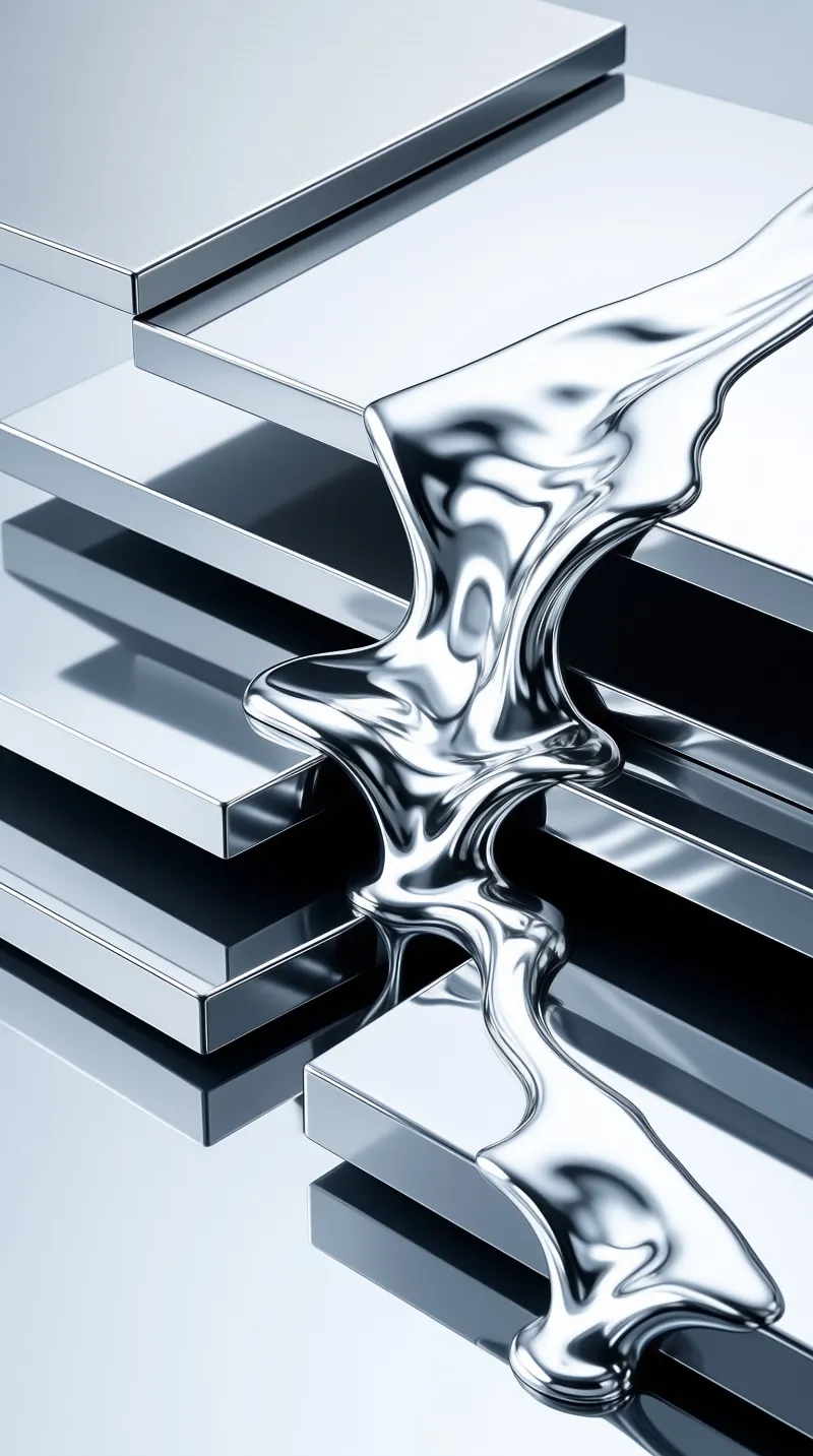 Reflective silver liquid flows across stacked metallic platforms creating a smooth futuristic abstract scene.