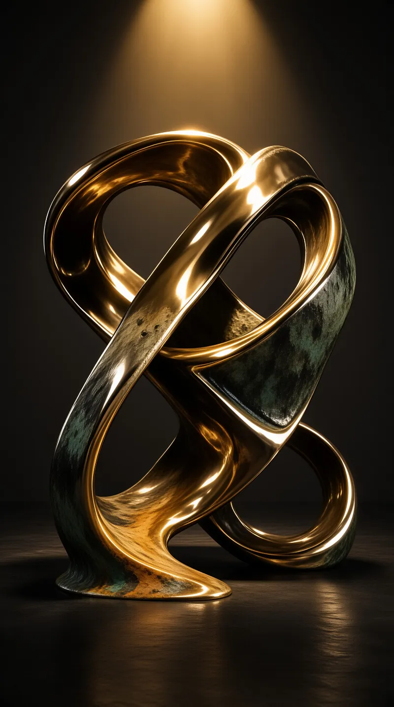 A polished bronze knot with verdigris patina loops beneath a cone of warm light on a dark floor.