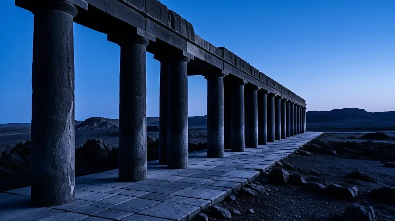 Dark stone columns line a paved path through a rugged landscape under a deep blue twilight sky.