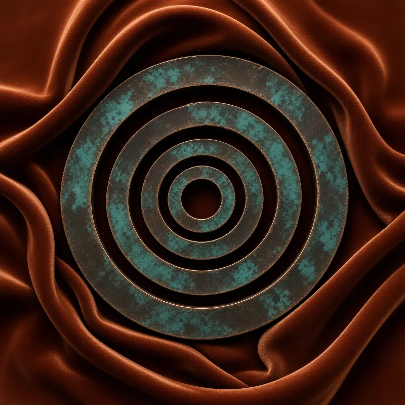 Concentric circular metal rings with teal verdigris patina rest on draped dark reddish brown silk fabric