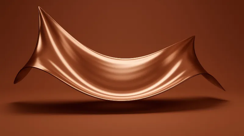 A polished metallic arc rises above a flat terracotta plane creating deep shadows beneath.