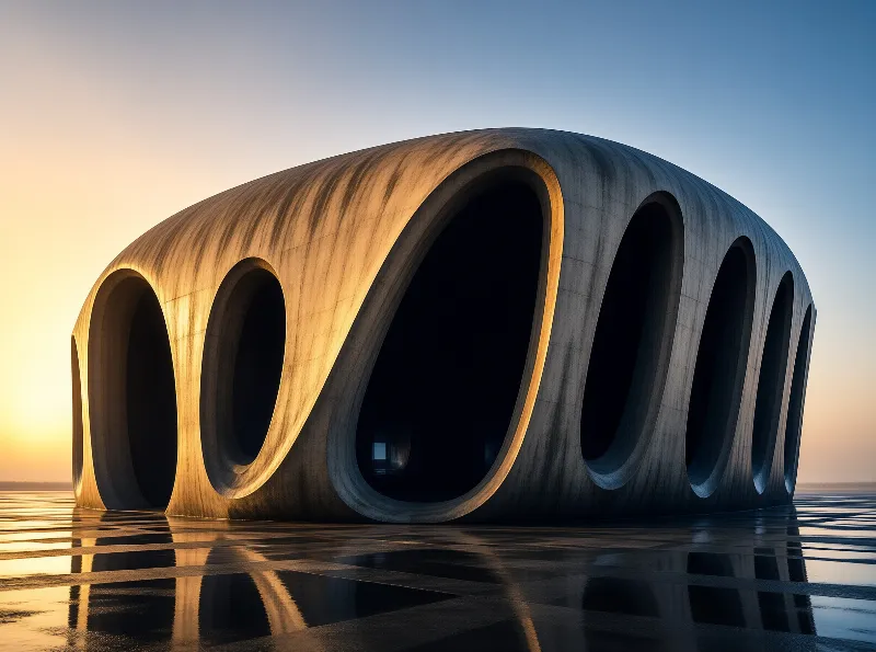 A smooth oval building with dark circular openings stands on a mirror-like surface under a sunset gradient sky.