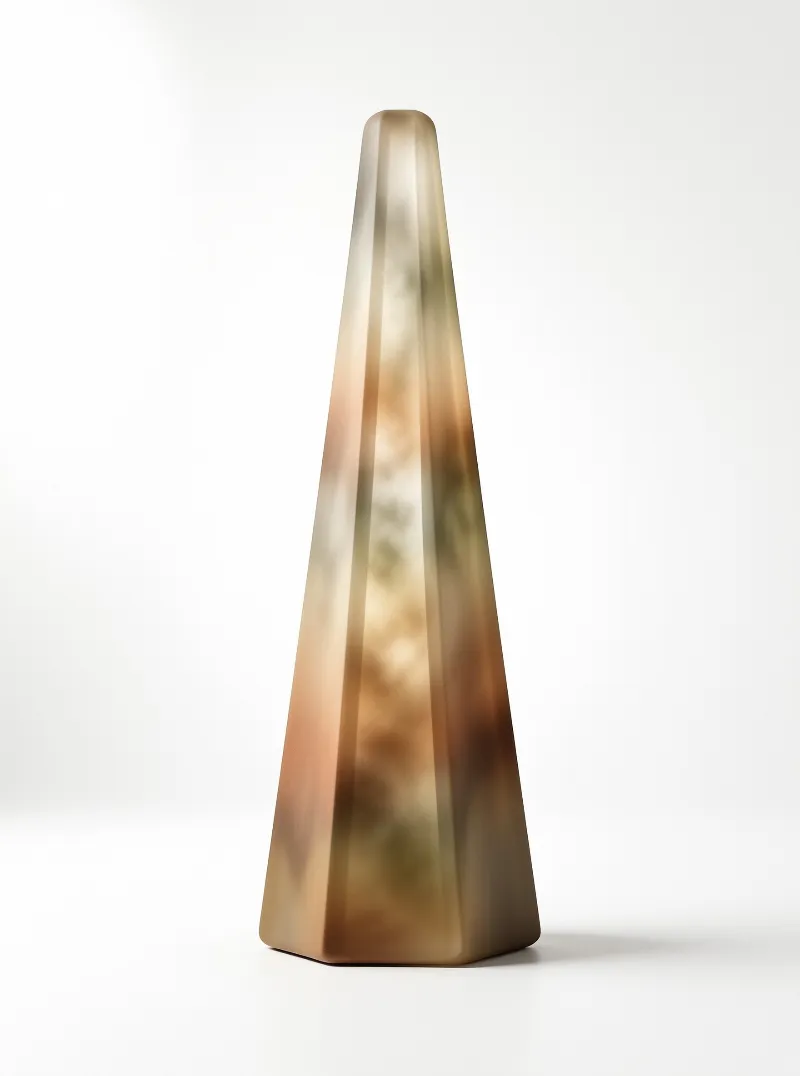 A slender tapered sculpture with metallic gold and green tones standing against a white background.