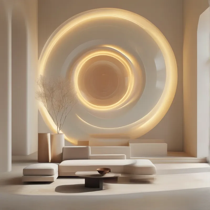 Concentric rings of warm light sink into a smooth sand coloured wall above low modular seating.