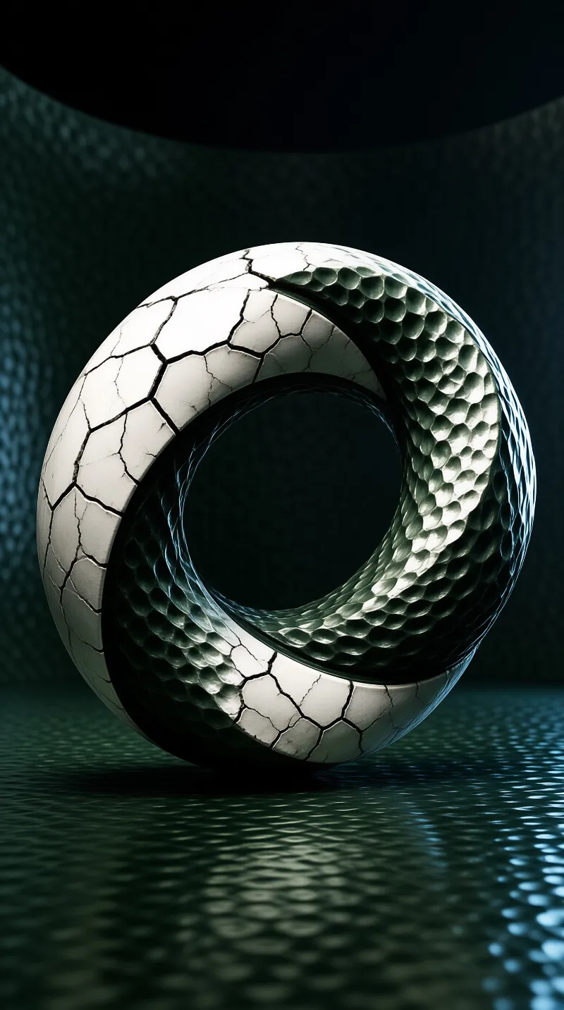 A twisted ring with a white cracked exterior and dimpled metallic interior sits on a dark reflective surface.