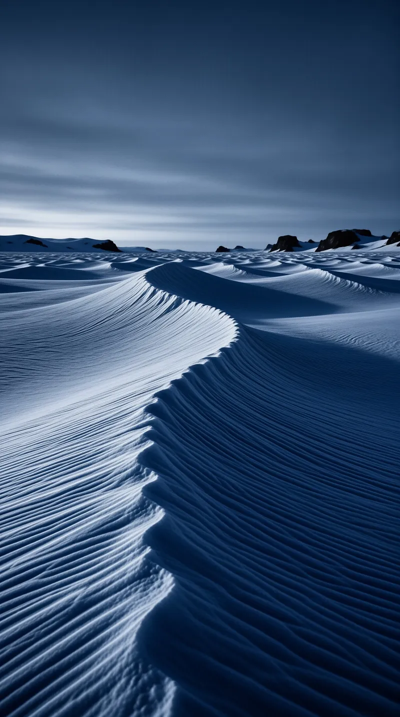 Rippled ice fields curve toward scattered black boulders resting on a cold horizon line.