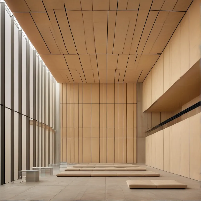 Light wood paneling covers walls and ceiling of a room with beige mats and tall windows admitting soft daylight.