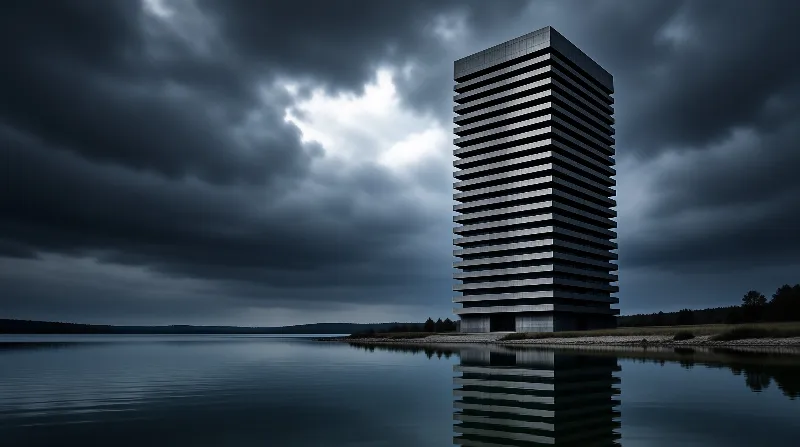 A geometric building rises from the pebbly coast while dark clouds gather above and reflect in the calm water.