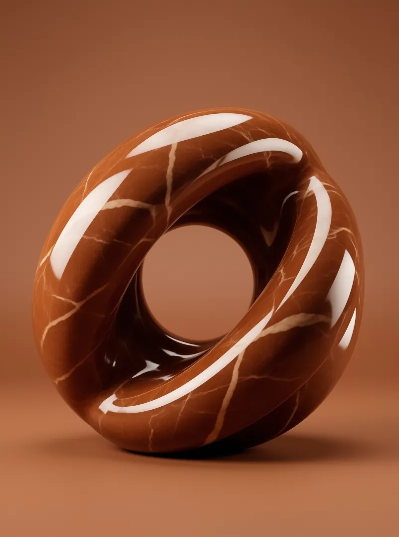 A polished brown bangle with white veins rests on a matching brown surface, featuring a twisted shape and bright reflections.