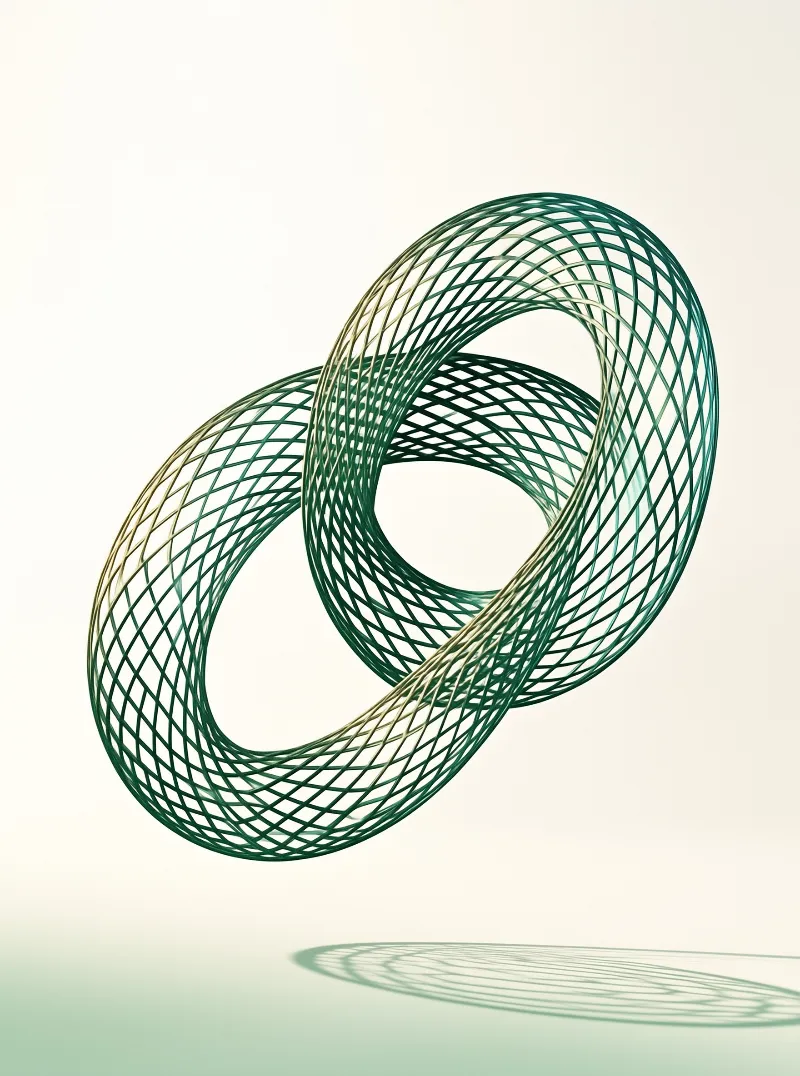 A green wireframe torus shape floats above a pale gradient background, casting a soft shadow beneath its curved grid structure.