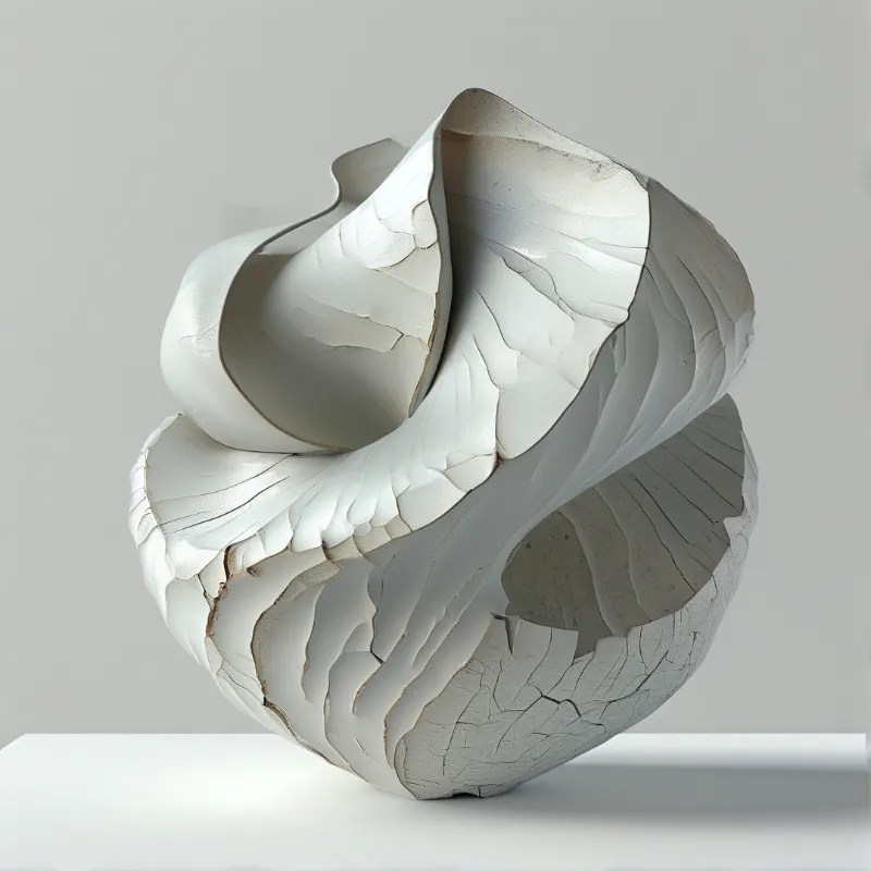 A white abstract sculpture with a fractured surface texture sits on a white platform against a neutral grey background.
