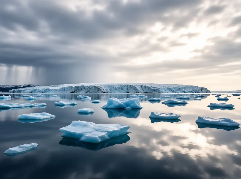 Chunks of pale blue ice float motionless on glassy arctic water while a glacier wall meets a breaking storm