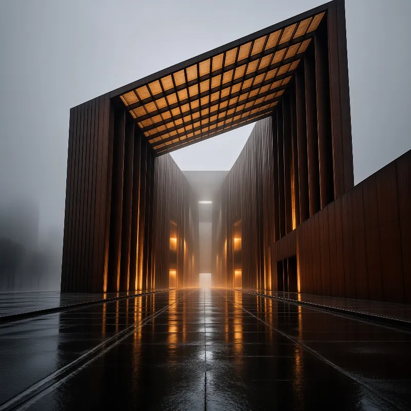 A huge dark gateway structure emits warm orange light from within, contrasting with the grey mist and wet reflective ground.