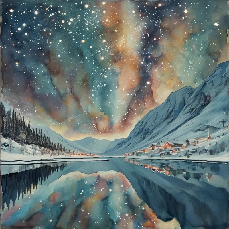A snowy mountain village rests beside a calm lake that mirrors the vibrant starry sky and distant peaks.