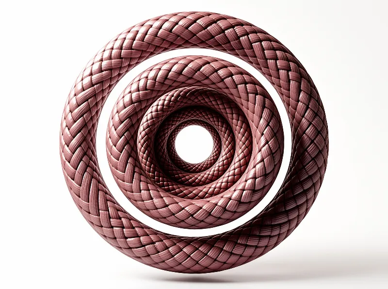 A stack of braided rings coiled into a spiral with deep red tones on a white background.