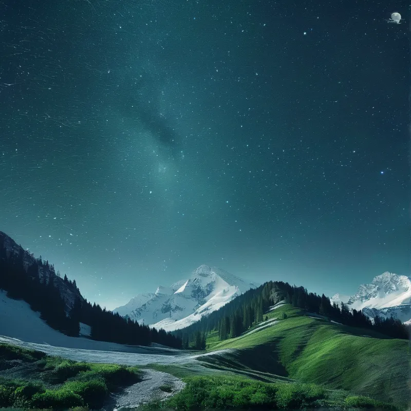 Snow capped peaks rise above green valleys beneath a starry sky with a visible moon and Milky Way clouds.