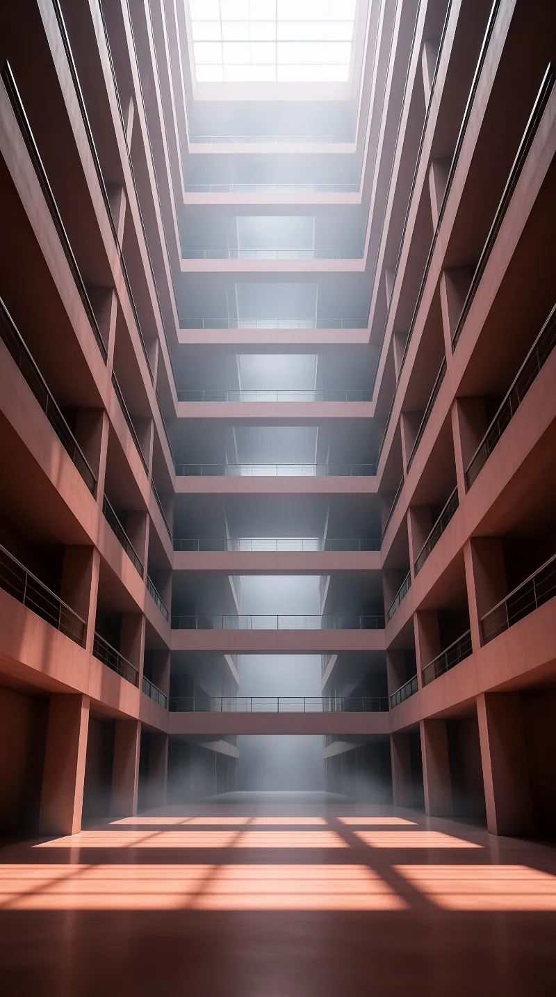 A symmetrical multi level interior features reddish walls and balconies receding into a foggy distance while sunlight streams from the top to create geometric shadows on the ground.