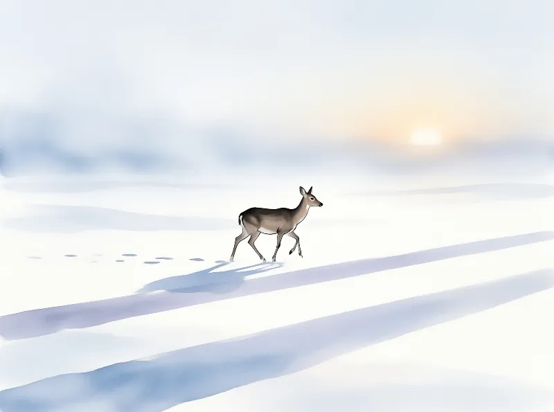 A small deer walks across a snowy field casting long blue shadows on the white ground near a pale sun.
