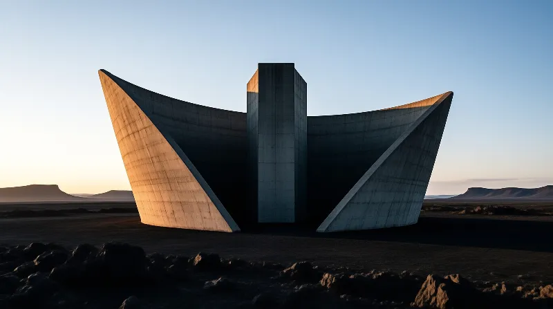 A large geometric concrete structure rises from a barren landscape while low sunlight illuminates its curved wings.
