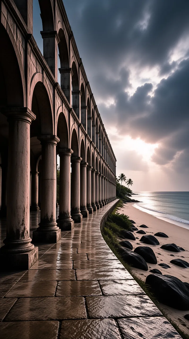 Stone colonnade with arches lines a sandy beach beside the ocean under a dramatic sky with sunlight piercing dark clouds.