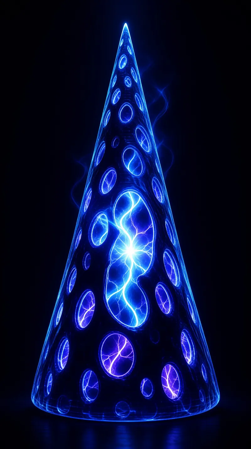 A tall translucent cone glows with electric blue light and circular patterns against a black background.