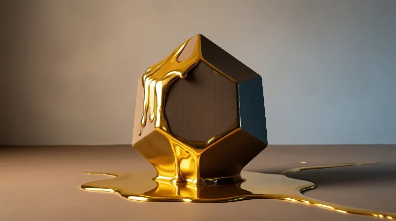 A dark hexagonal object melts into a pool of shiny liquid gold on a smooth neutral surface under soft studio lighting.