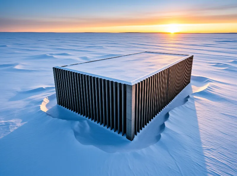 A ribbed rectangular shelter sits partially buried in a vast snowy landscape under a bright setting sun.