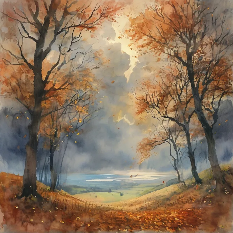 A watercolor painting shows autumn trees with orange leaves framing a distant blue lake under a cloudy grey sky.