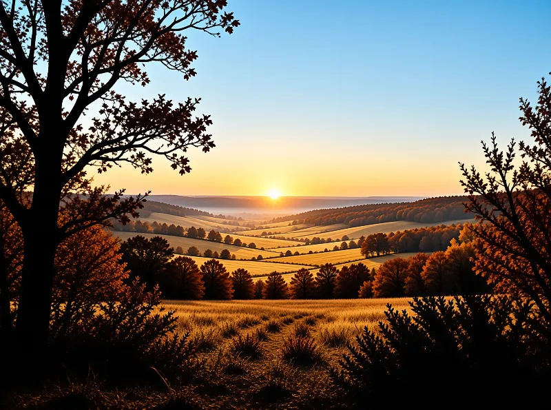 Warm evening light washes over golden farmland hills while a lone tree stands in silhouette.