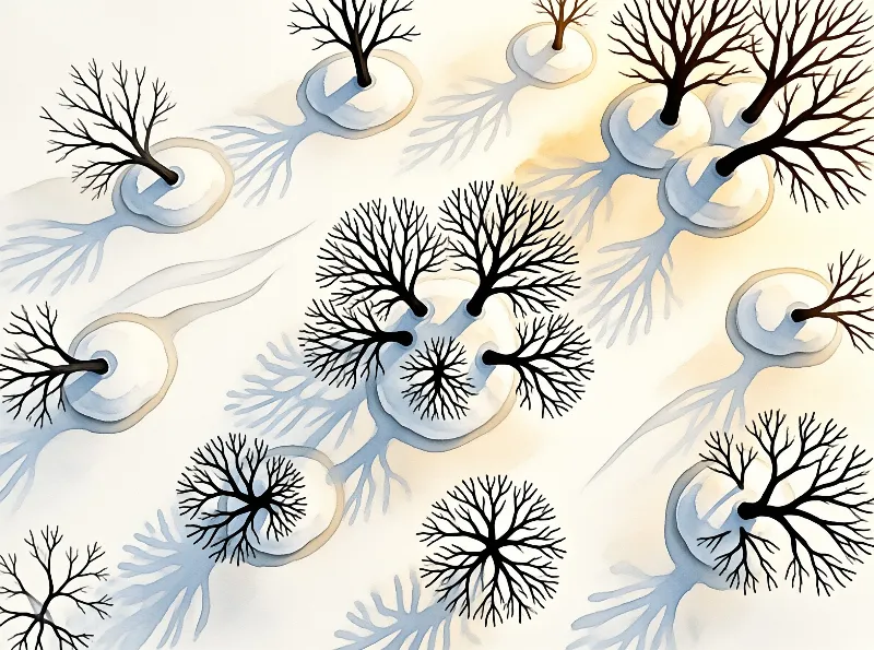 Stylized illustration of bare leafless dark trees in pale blue shallow ice pools on white snow under warm golden dawn light.