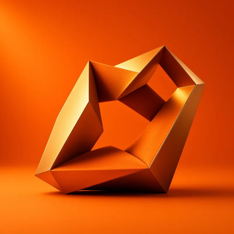 A glossy multifaceted orange shape floats over a smooth surface against a saturated amber background.