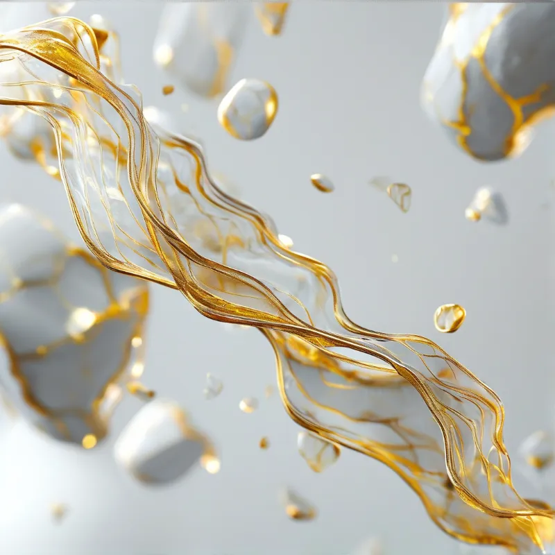 A translucent ribbon of molten amber glass twists across pale air, ringed by floating white stones veined with gold.