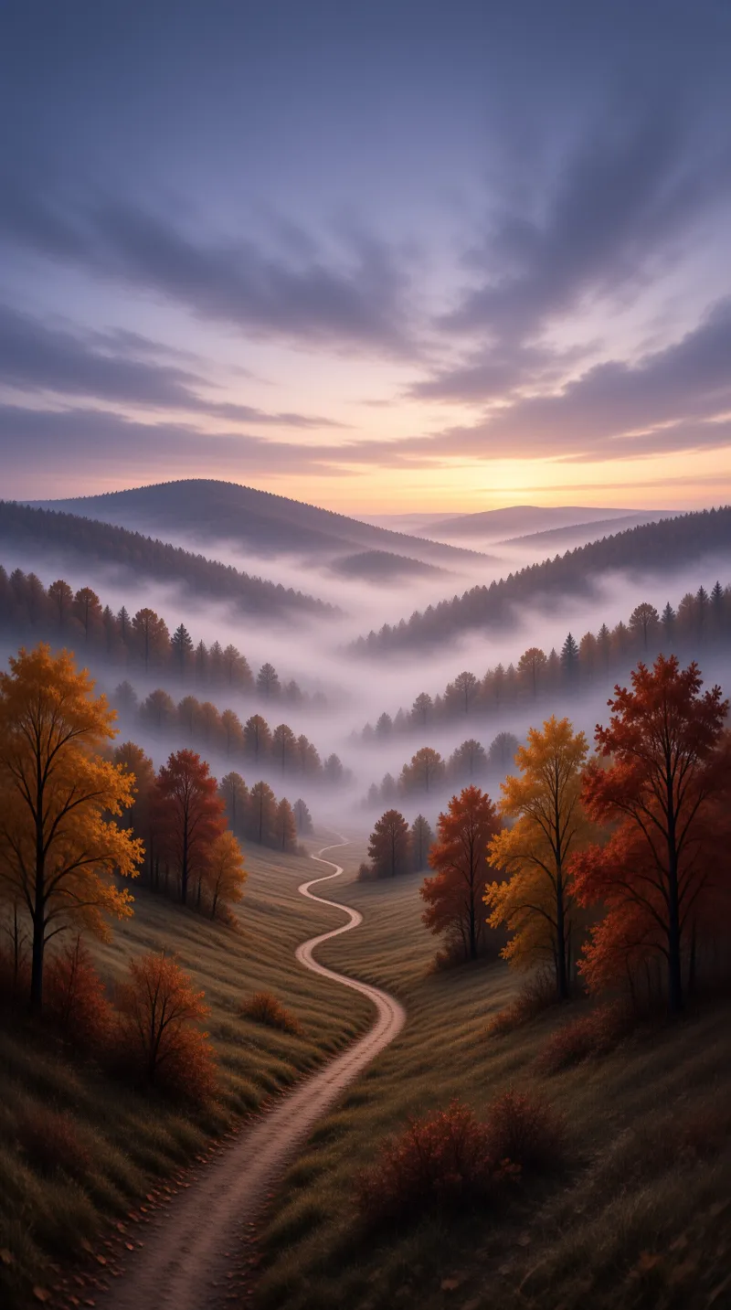 A narrow lane curls down grassy slopes scattered with fiery trees as low fog fills the valley under a soft sunrise.