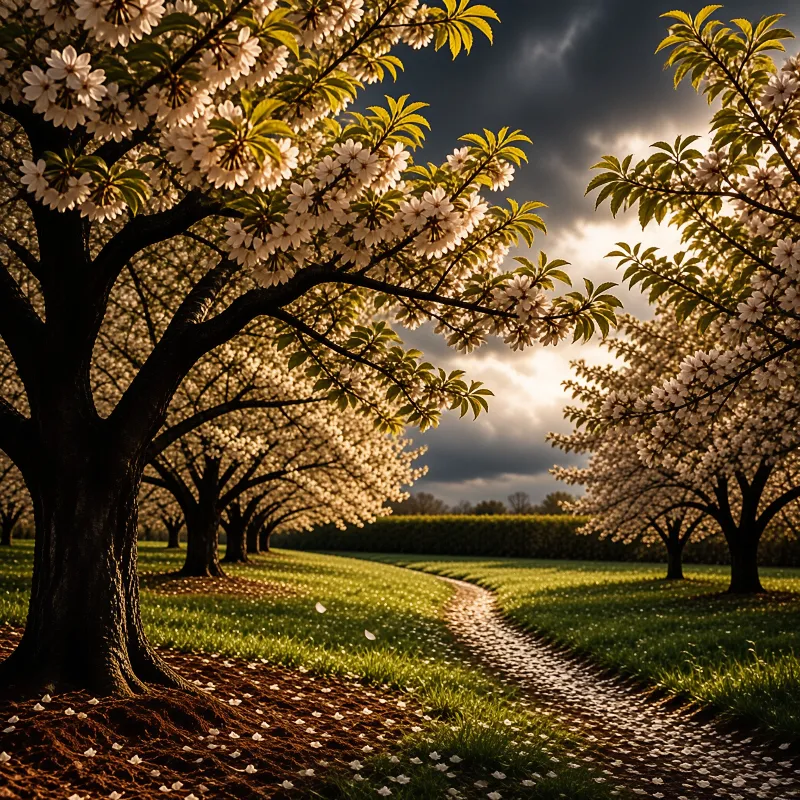 Winding path covered in fallen petals leads between blooming cherry trees under a cloudy sky with sunlight breaking through.