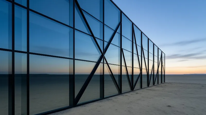 A angular black framed glass facade sits on a vast salt flat at dusk, with cool blue sky above and warm orange glow along the far horizon.
