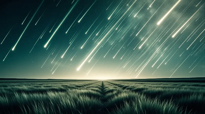 Diagonal streaks of light rain down over a dark field of grass under a teal night sky.