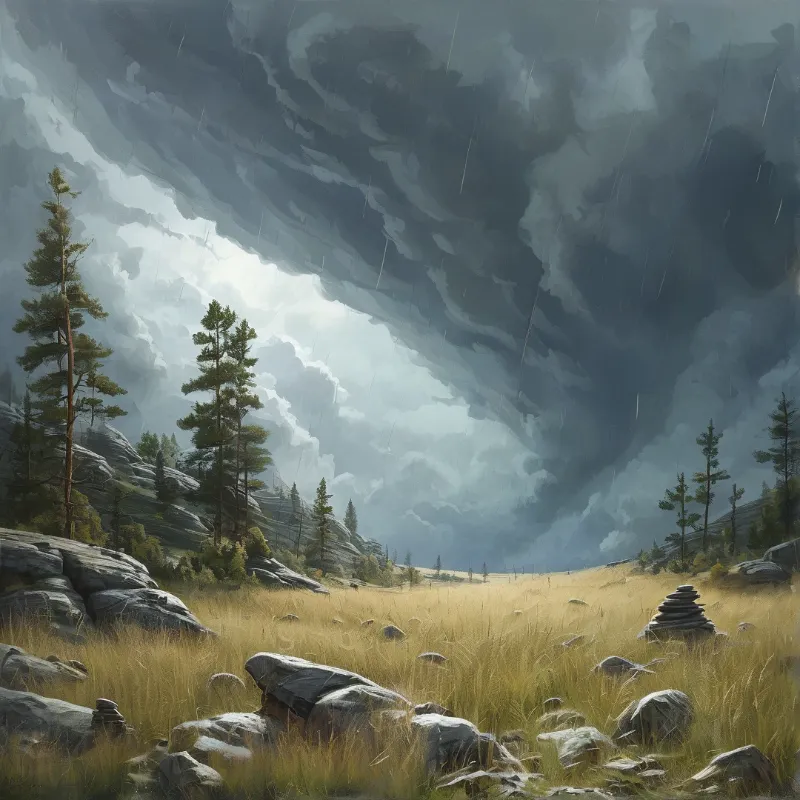 tall pines stand in a meadow of golden grass while rain falls from dark clouds overhead