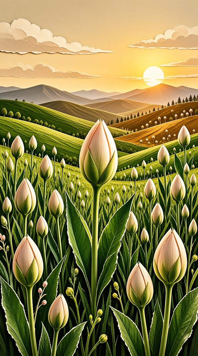 Cream colored flower buds stand among broad green leaves in front of rolling hills and a paper sun at dusk