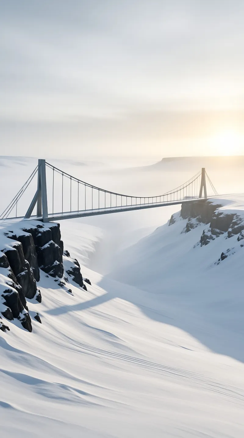 A suspension bridge spans a snow-covered valley connecting rocky cliffs under soft golden sunlight and mist.