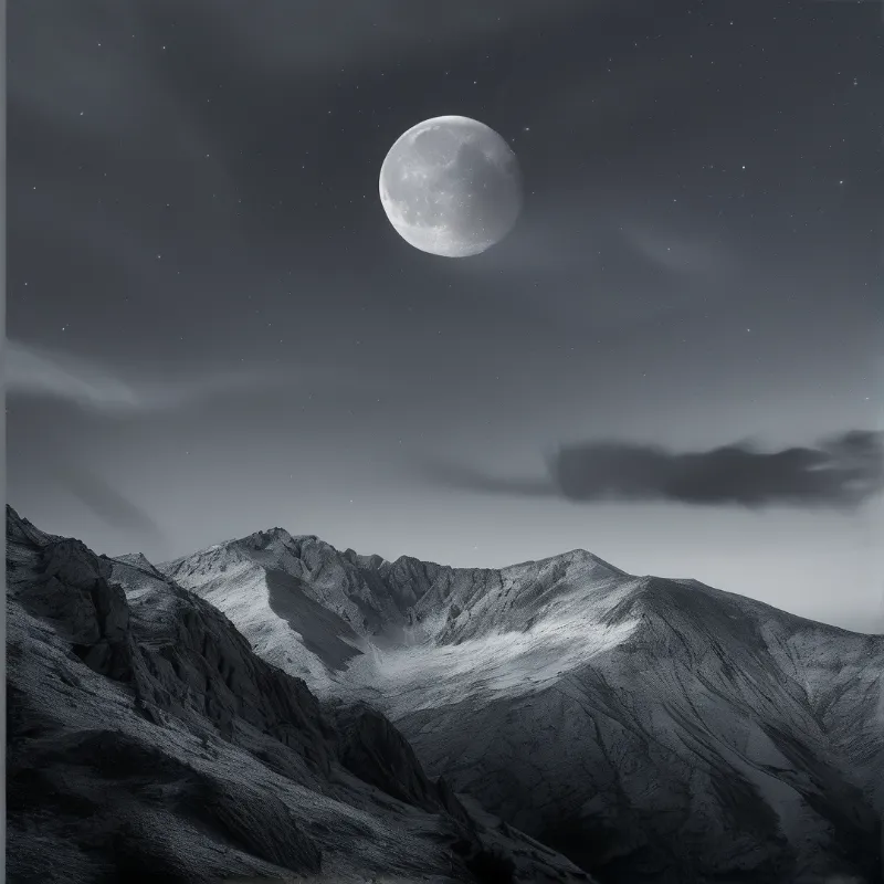 Black and white landscape featuring jagged peaks under a luminous moon amidst scattered stars.