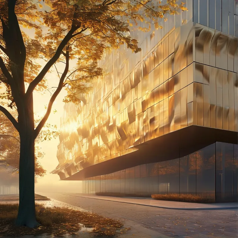 A rippled mirror facade reflects warm sunlight beside a golden autumn tree on a quiet street.