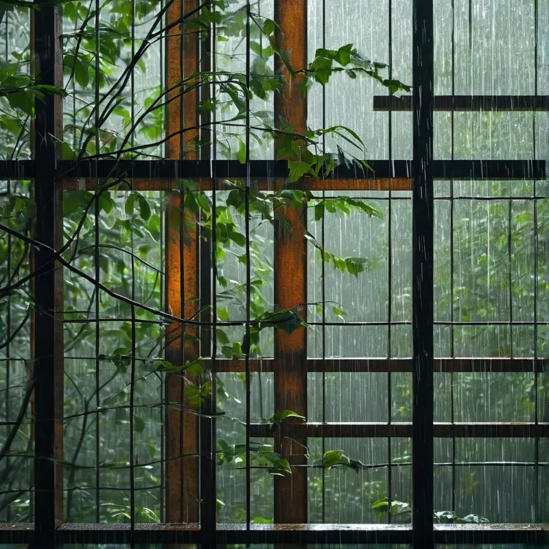 Green leaves reach through a dark wooden grid as rain streaks down against a blurred forest background.