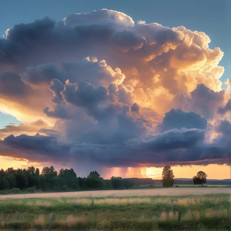 A massive cumulonimbus cloud dominates the sky above a grassy field as golden sunlight breaks through near the horizon.