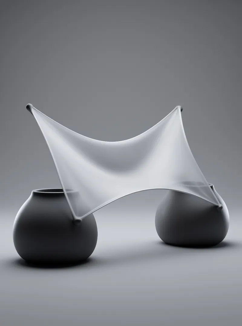 Two dark sculpted vessels sit on gray, joined by a white tensioned membrane creating a curved saddle form in soft light.